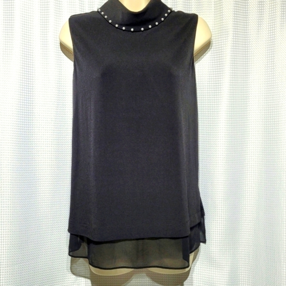 Silky Flowy Black Turtleneck with White Pearl Accent (S)